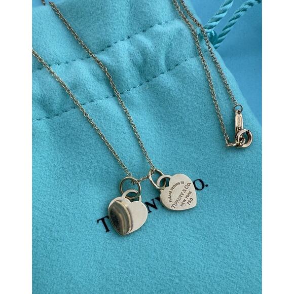 Return Tiffany & Co. 18k Gold MINI Double Heart Tag Pendant Necklace 18” READ - Picture 2 of 12